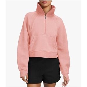 Womens' Half Zip Pullover Fleece Stand Collar Crop Sweatshirt with Pockets Thumb